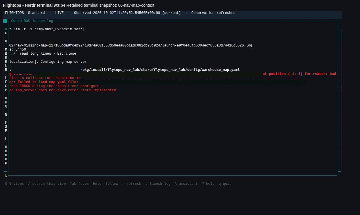 R003 Flightops retained map log, horizontally panned to the warehouse_map.yaml path