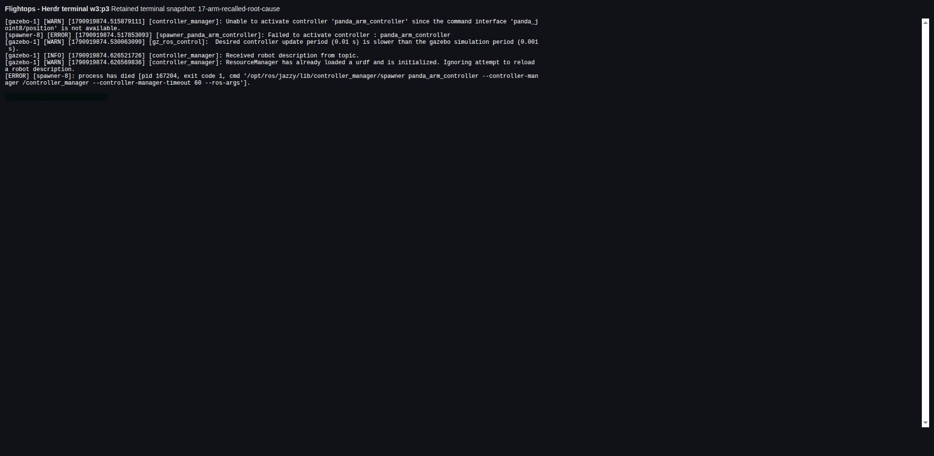 R002 terminal recall of retained original missing panda joint interface and failed spawner