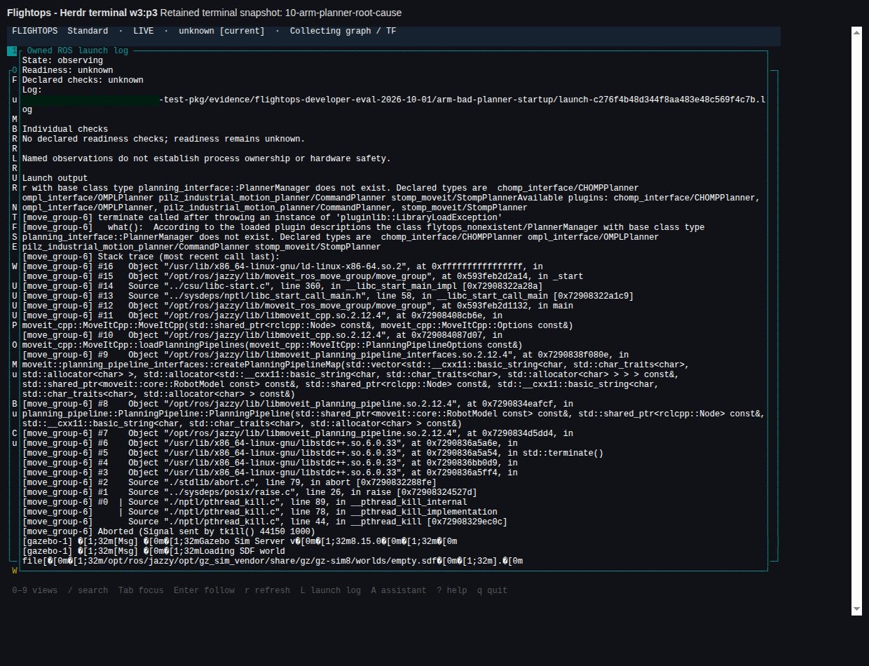 Owned launch log showing the invalid MoveIt planner plugin error