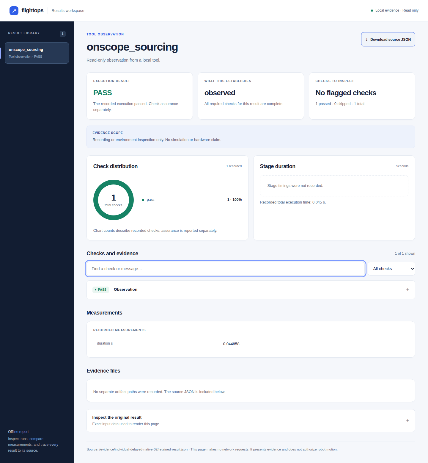 Saved results report with execution result, evidence scope, checks, and source JSON
